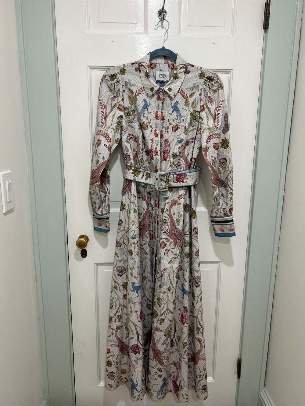 Marchesa Rosa White Multicolor Floral Maxi Shirt Dress with Belt